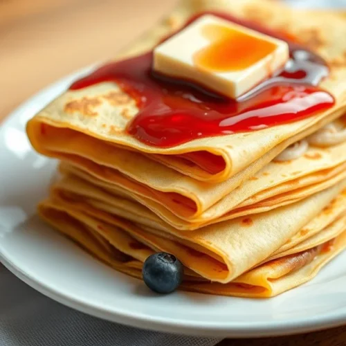 Stack of golden French crepes with butter and jam, fresh berries on side, professional food photography, warm lighting, 1200x