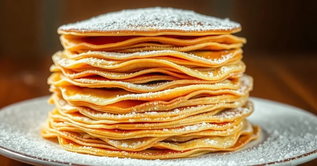 Stack of thin golden French crêpes with powdered sugar, freshly made, professional culinary photography, warm lighting