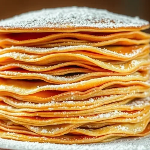 Stack of thin golden French crêpes with powdered sugar, freshly made, professional culinary photography, warm lighting