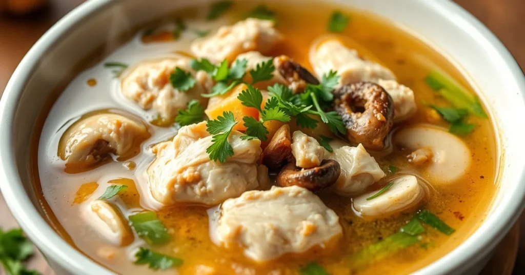 Steaming Asian comfort soup with tender chicken, fresh herbs, ginger, and mushrooms in a white ceramic bowl, aromatic garnish