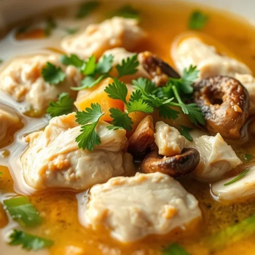 Steaming Asian comfort soup with tender chicken, fresh herbs, ginger, and mushrooms in a white ceramic bowl, aromatic garnish