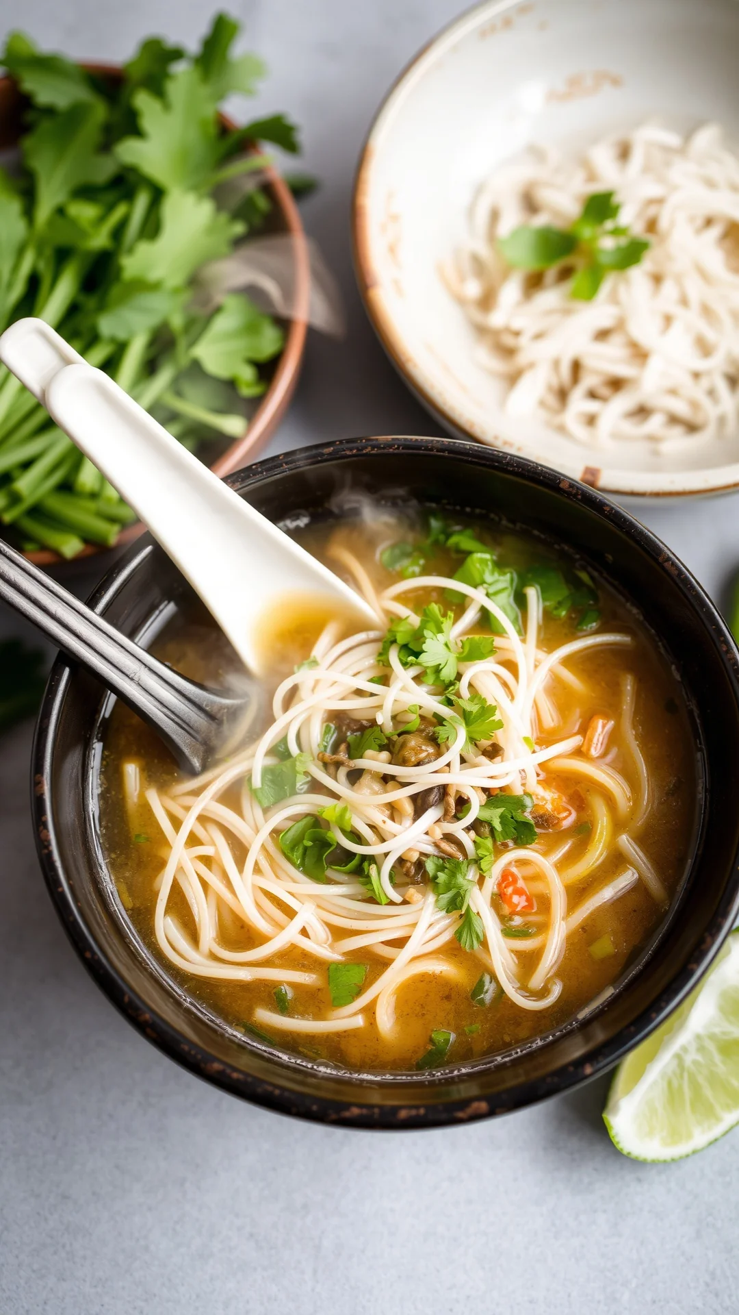Steaming bowl of Vietnamese pho vegetarian with rice noodles, fresh bean sprouts, herbs, aromatic broth, lime wedge, authenti