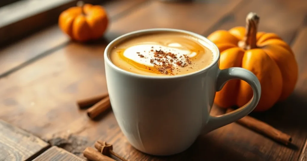 Steaming pumpkin spice latte healthy in white ceramic mug, golden autumn beverage with cinnamon sprinkle, cozy warm lighting,