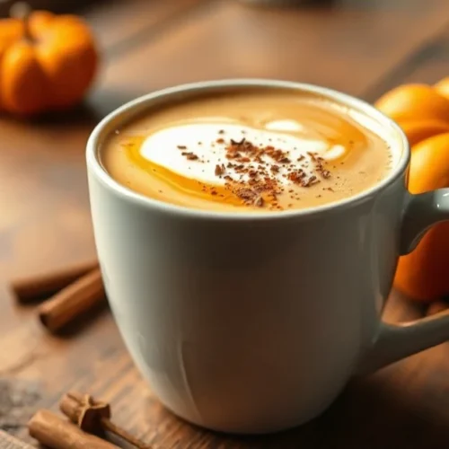 Steaming pumpkin spice latte healthy in white ceramic mug, golden autumn beverage with cinnamon sprinkle, cozy warm lighting,