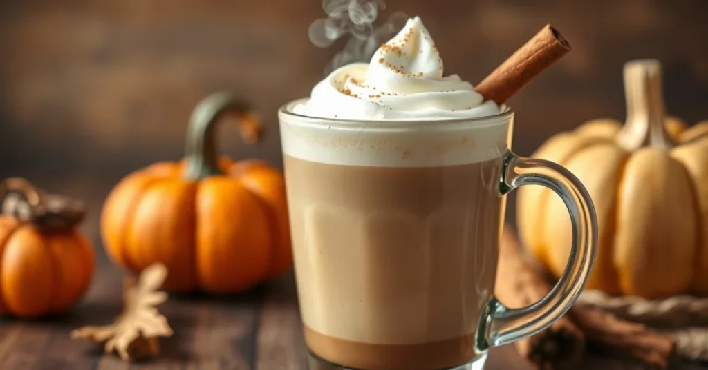 Steaming Pumpkin Spice Latte in glass cup with cinnamon stick and whipped cream, autumn aesthetic, warm lighting, cozy fall c