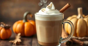Steaming Pumpkin Spice Latte in glass cup with cinnamon stick and whipped cream, autumn aesthetic, warm lighting, cozy fall c
