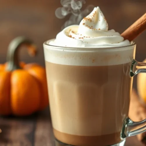 Steaming Pumpkin Spice Latte in glass cup with cinnamon stick and whipped cream, autumn aesthetic, warm lighting, cozy fall c