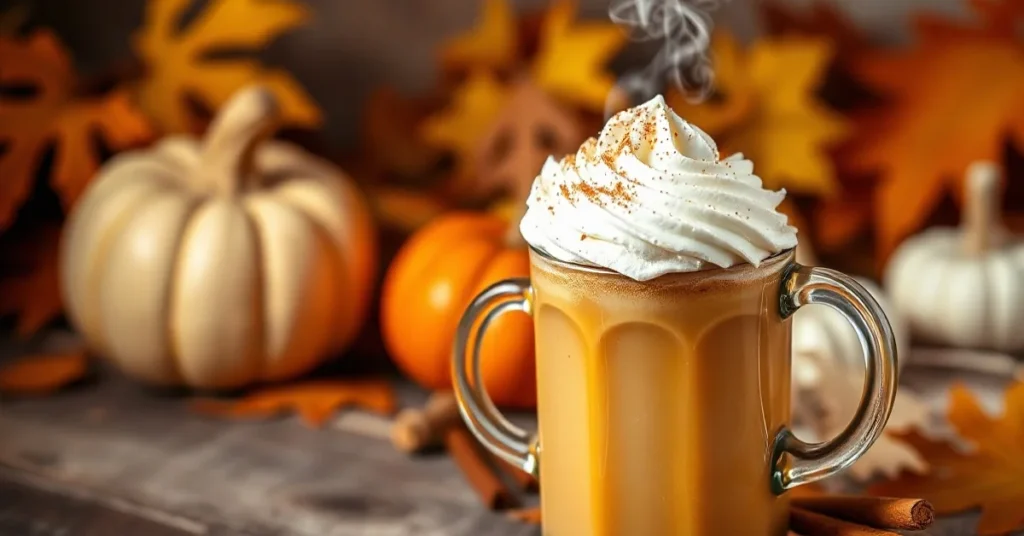 Steaming pumpkin spice latte in glass mug with whipped cream and cinnamon garnish, autumn background, cozy warm lighting