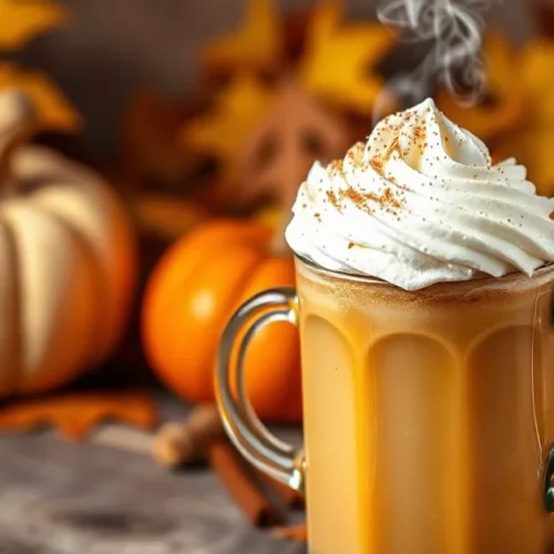 Steaming pumpkin spice latte in glass mug with whipped cream and cinnamon garnish, autumn background, cozy warm lighting