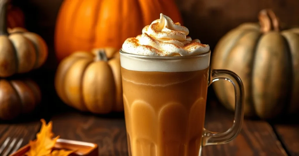 Steaming Pumpkin Spice Latte with cinnamon foam and whipped cream, autumn beverage photography, warm tones, cozy fall aesthet
