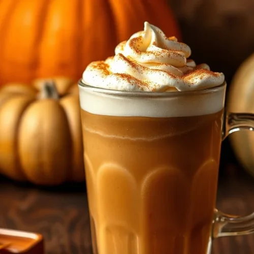 Steaming Pumpkin Spice Latte with cinnamon foam and whipped cream, autumn beverage photography, warm tones, cozy fall aesthet