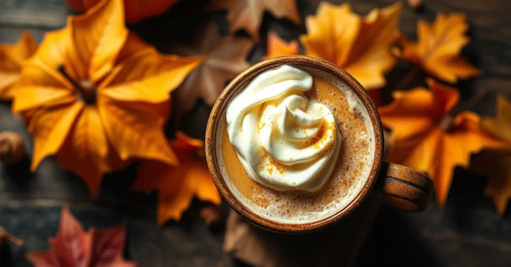 Steaming pumpkin spice latte with whipped cream in rustic mug, autumn fall background, cozy coffee shop aesthetic, warm light