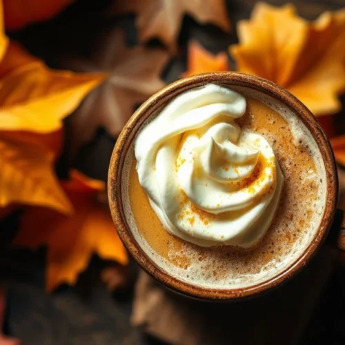 Steaming pumpkin spice latte with whipped cream in rustic mug, autumn fall background, cozy coffee shop aesthetic, warm light