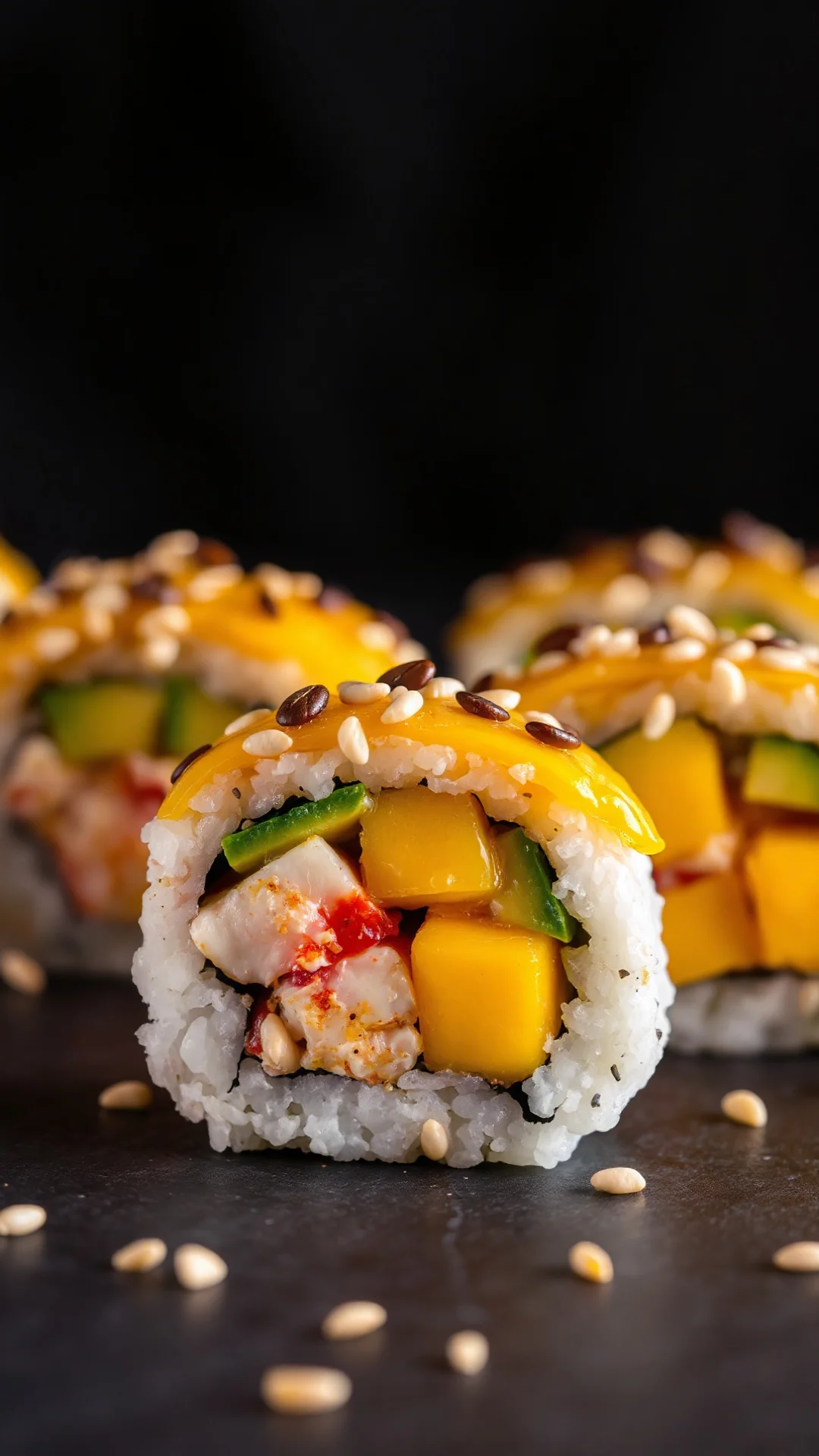 Sweet mango crab sushi roll fresh ripe mango avocado lump crab meat mango-wasabi sauce poppy seed topping