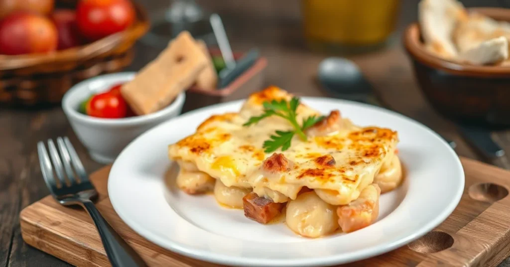 Tartiflette au four dorée croustillante avec fromage reblochon coulant fondant lardons pommes de terre savoyarde assiette bl
