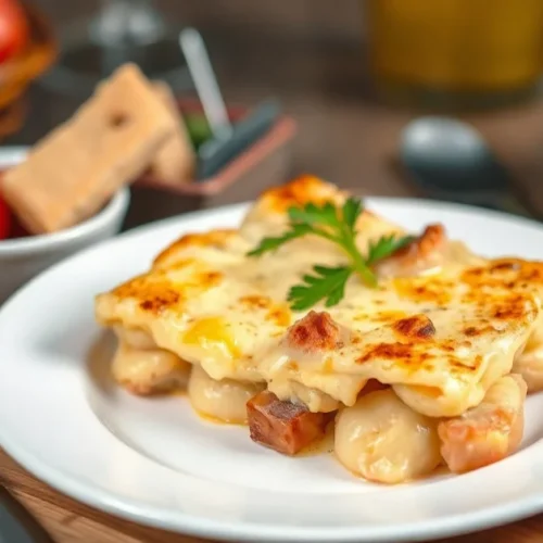 Tartiflette au four dorée croustillante avec fromage reblochon coulant fondant lardons pommes de terre savoyarde assiette bl