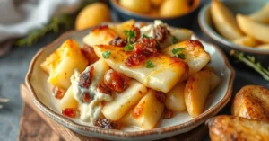 Tartiflette française dorée, plat à gratin avec reblochon fondant, lardons croustillants, pommes de terre, vapeur chaude,