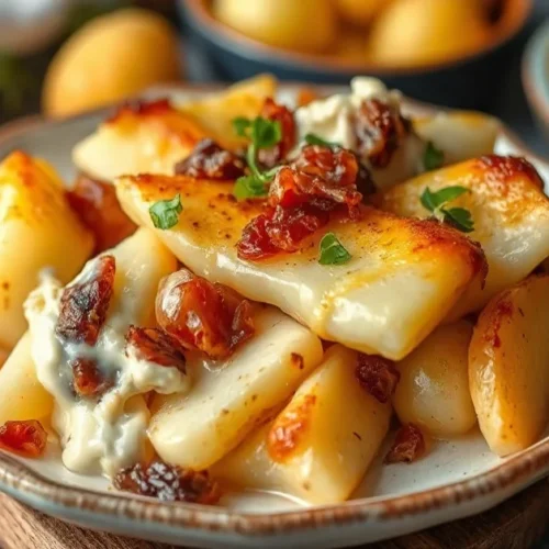 Tartiflette française dorée, plat à gratin avec reblochon fondant, lardons croustillants, pommes de terre, vapeur chaude,