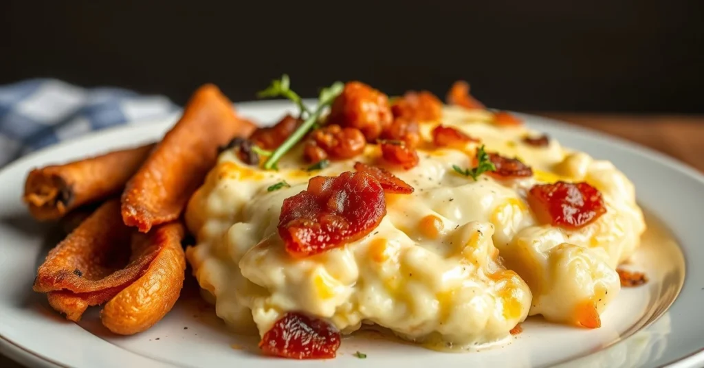 Tartiflette halal gratinée au fromage halal râpé, pommes de terre dorées, lardons croustillants, crème onctueuse, vue de