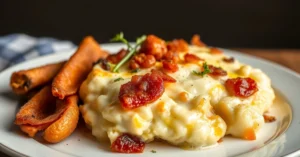 Tartiflette halal gratinée au fromage halal râpé, pommes de terre dorées, lardons croustillants, crème onctueuse, vue de