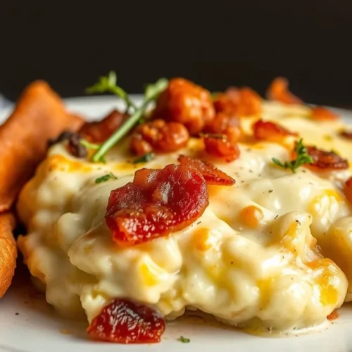 Tartiflette halal gratinée au fromage halal râpé, pommes de terre dorées, lardons croustillants, crème onctueuse, vue de