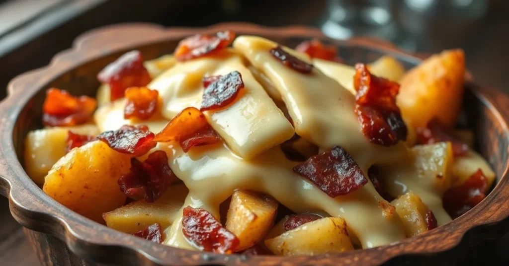 Tartiflette savoyard with melted reblochon cheese, crispy bacon, golden potatoes in rustic gratin dish, mountain traditional