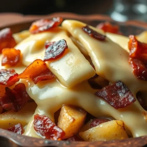 Tartiflette savoyard with melted reblochon cheese, crispy bacon, golden potatoes in rustic gratin dish, mountain traditional