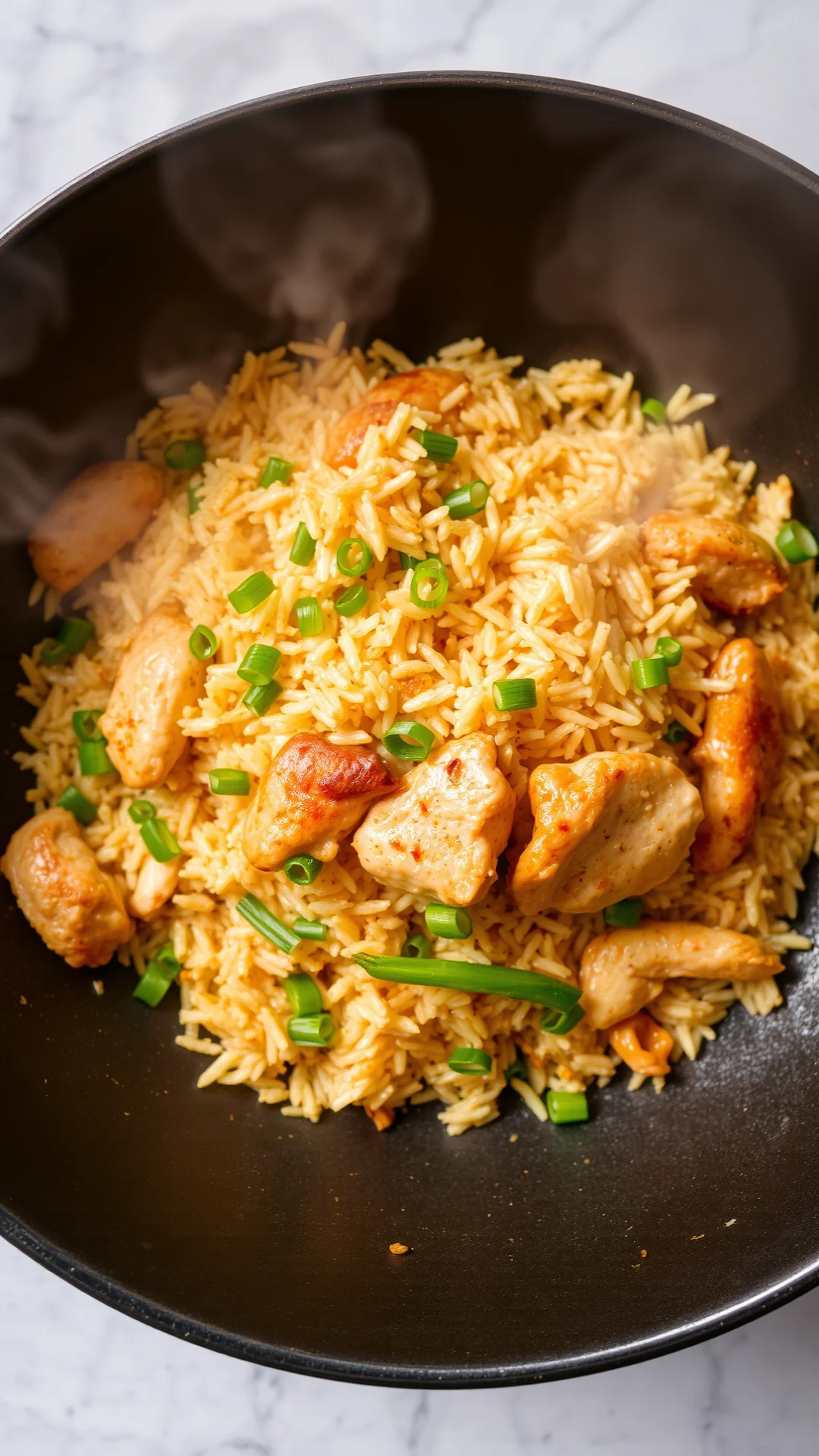 Thai fried rice with chicken, egg, and green onions in a wok, steaming hot, aromatic spices, restaurant-quality food styling,