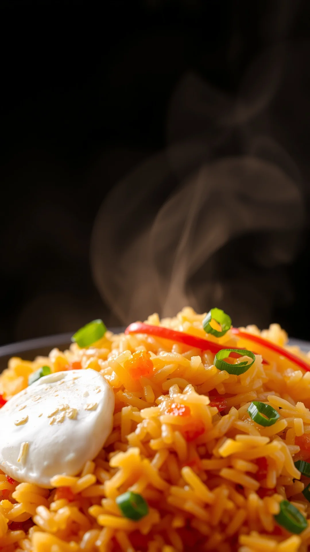 Thai fried rice with eggs, ginger, green onions, close-up food photography, studio lighting, vibrant colors, aromatic steam r
