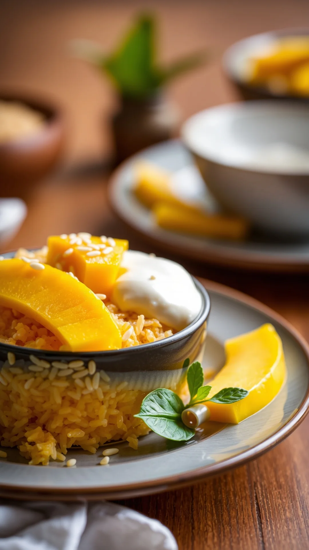 Thai mango sticky rice dessert, golden sticky rice, fresh mango slices, white sesame seeds, coconut cream, elegant plating, w