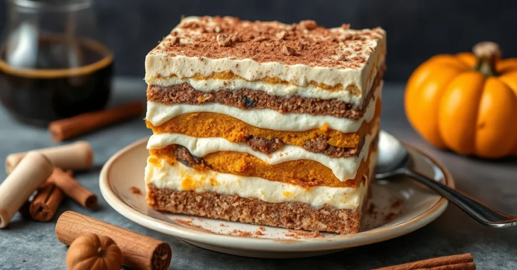 Tiramisu pumpkin spice latte layered dessert with creamy mascarpone filling, pumpkin puree, espresso-soaked ladyfingers, dust