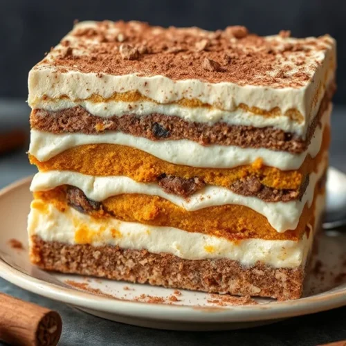Tiramisu pumpkin spice latte layered dessert with creamy mascarpone filling, pumpkin puree, espresso-soaked ladyfingers, dust