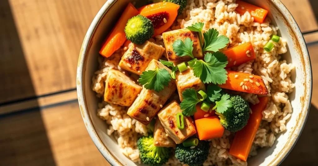 Top view Asian healthy bowl with brown rice, grilled chicken, broccoli, carrots, fresh herbs, sesame seeds, vibrant colors, n