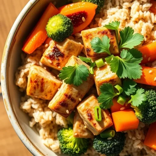 Top view Asian healthy bowl with brown rice, grilled chicken, broccoli, carrots, fresh herbs, sesame seeds, vibrant colors, n