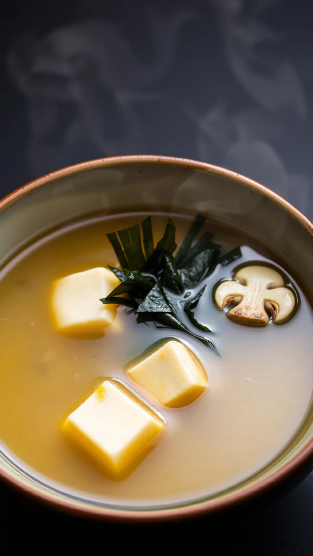 Traditional Japanese miso soup with tofu cubes, wakame seaweed, and mushrooms, steam rising, ceramic bowl, minimalist present