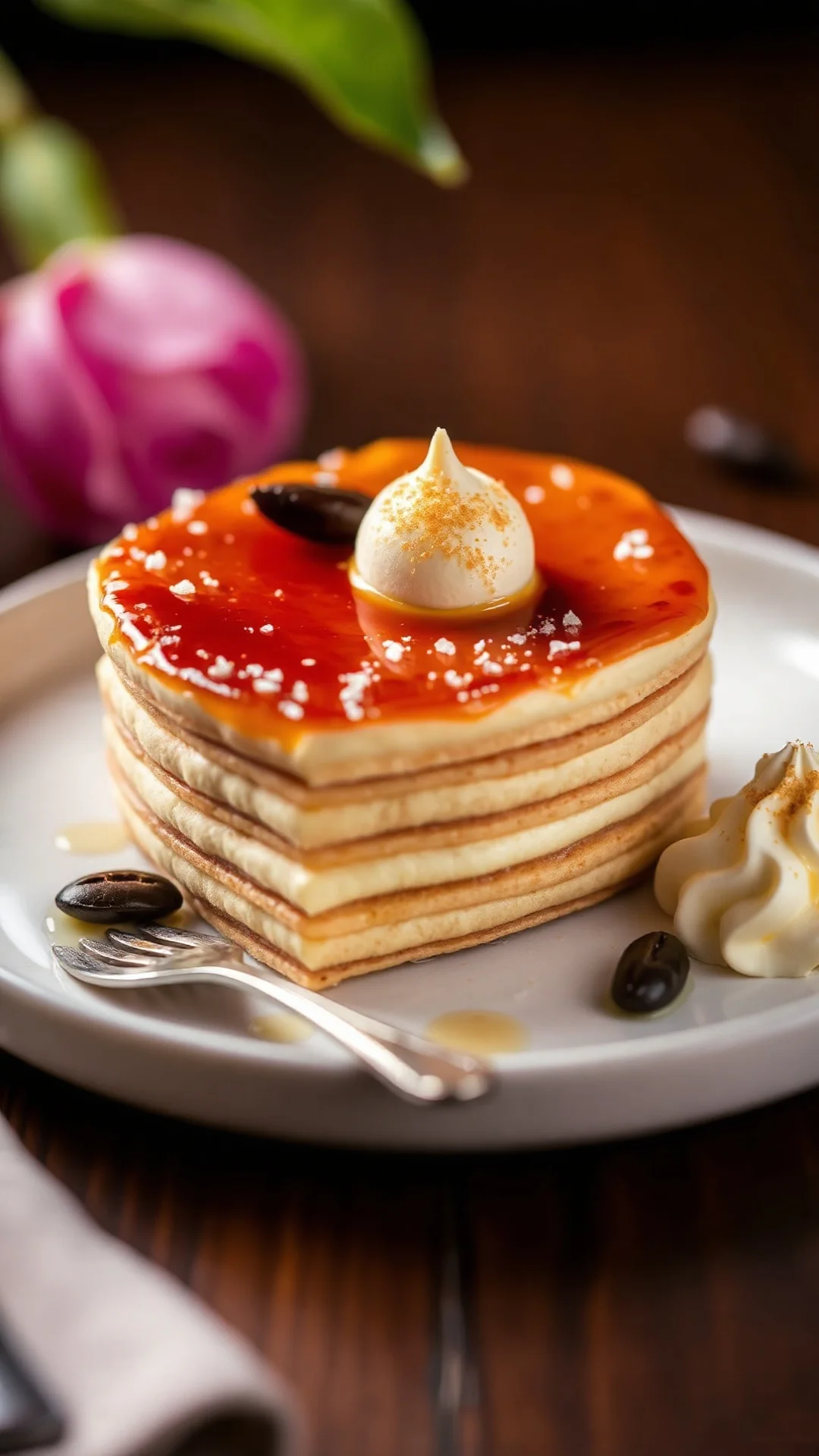 Upscale creme brulee crepe cake with caramelized sugar top, vanilla beans, elegant layered dessert, luxury French patisserie