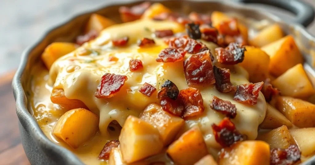 Vegan tartiflette with melted vegan cheese, golden-brown potatoes, crispy vegan bacon pieces, creamy sauce, rustic gratin dis