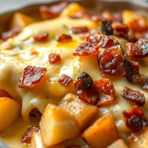 Vegan tartiflette with melted vegan cheese, golden-brown potatoes, crispy vegan bacon pieces, creamy sauce, rustic gratin dis
