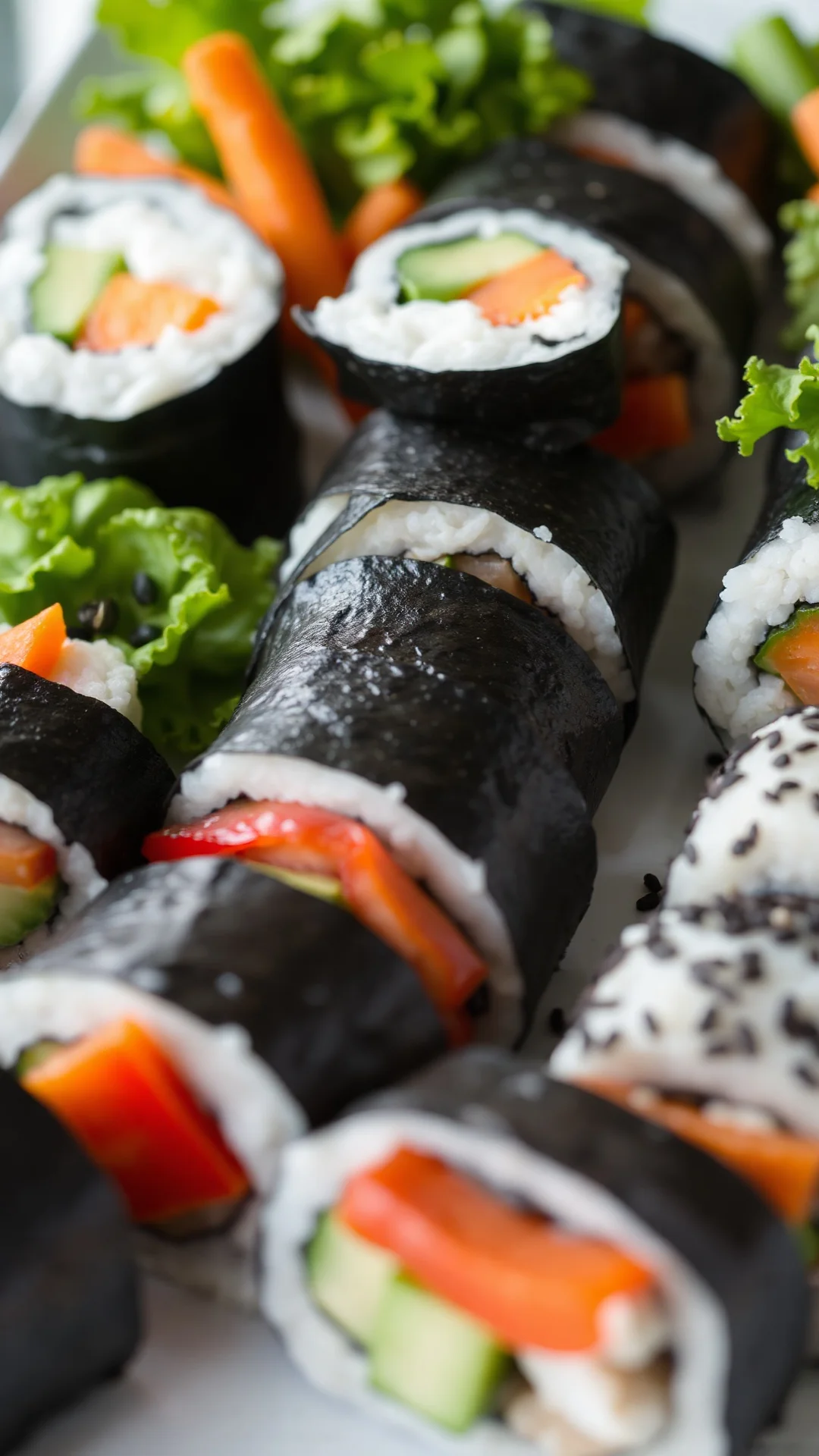 Vegetarian sushi assortment with fresh vegetables, carrot, cucumber, avocado, red pepper, black sesame seeds, arranged beauti