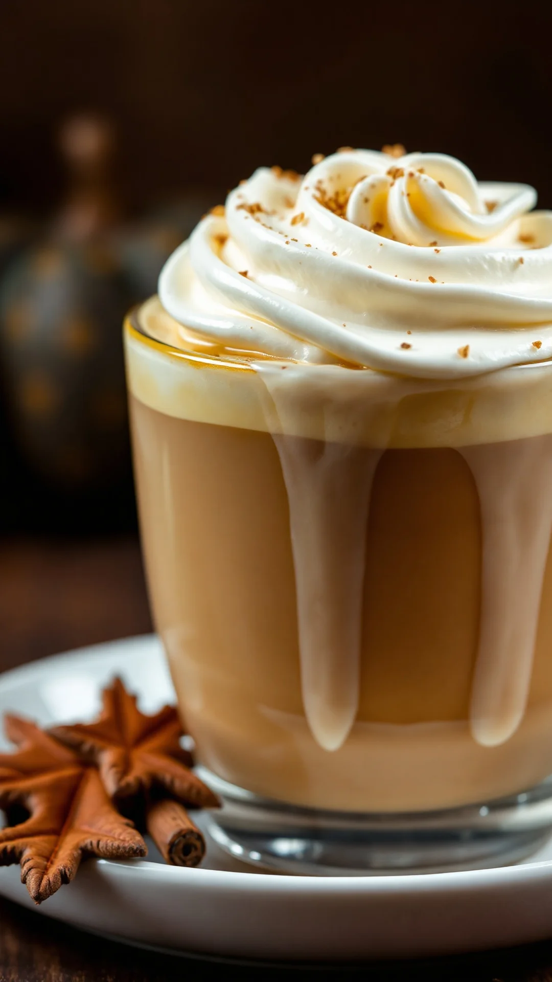 Velvet vanilla pumpkin spice latte with vanilla whipped cream, luxurious texture, coffee beverage, creamy top, close-up detai