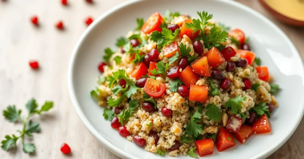 Vibrant authentic tabbouleh salad with fresh parsley, minced bulgur, diced tomatoes, pomegranate seeds, toasted pine nuts, go
