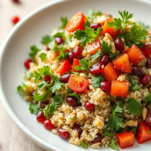 Vibrant authentic tabbouleh salad with fresh parsley, minced bulgur, diced tomatoes, pomegranate seeds, toasted pine nuts, go