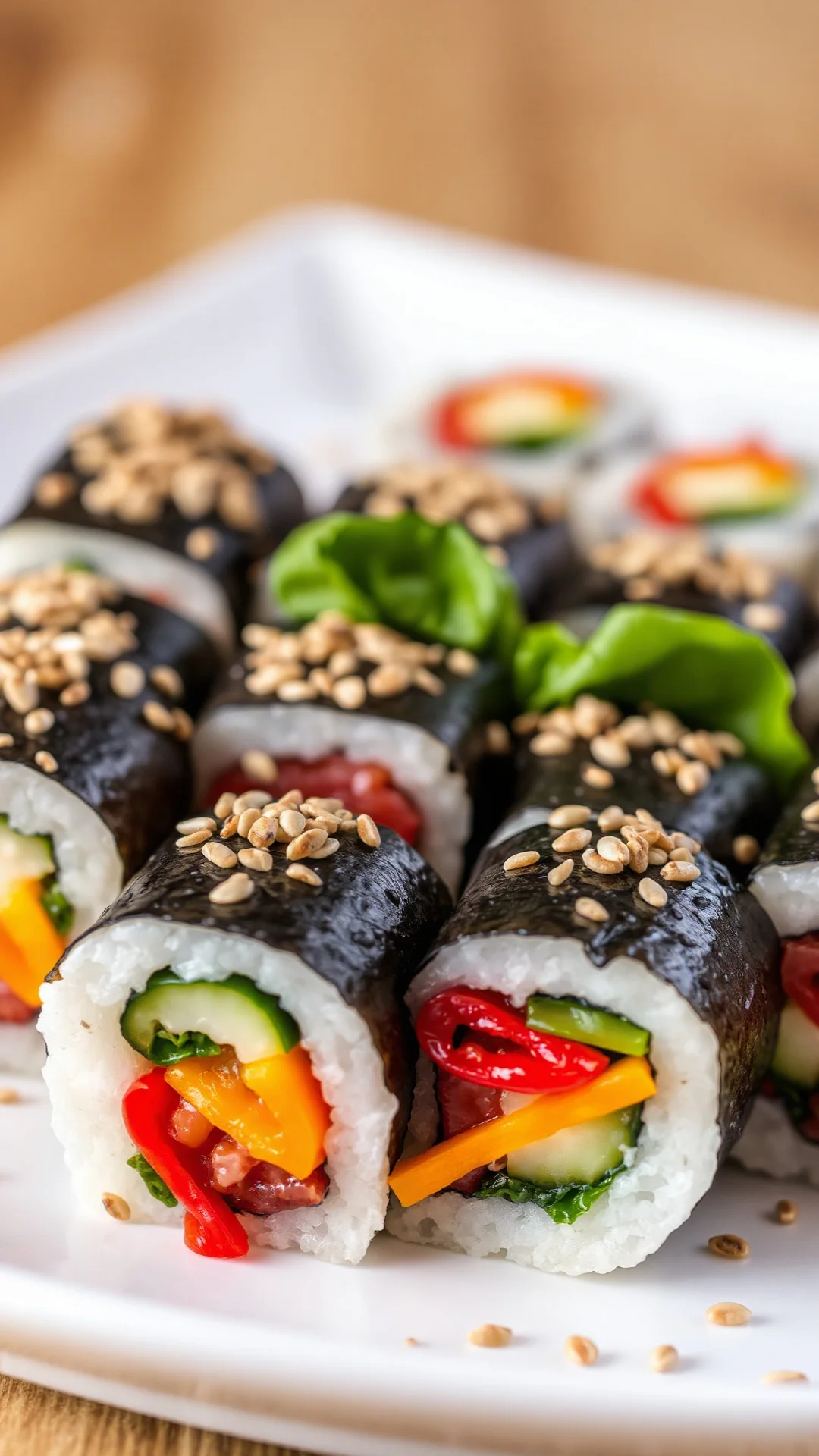 Vibrant rainbow vegetable sushi with colorful peppers carrots cucumber spinach sesame seeds artistic plating