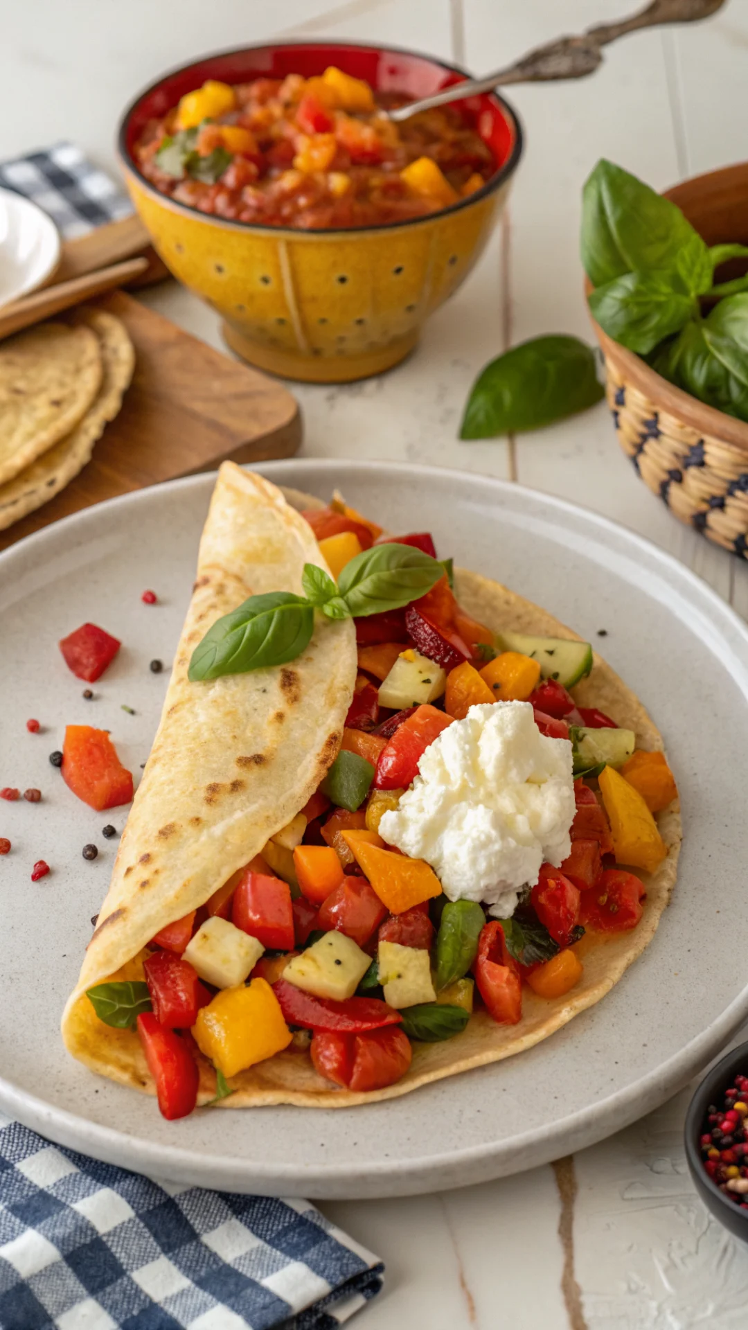 Vibrant ratatouille crepe with colorful diced vegetables, fresh goat cheese dollop, basil leaf garnish, Mediterranean flavors