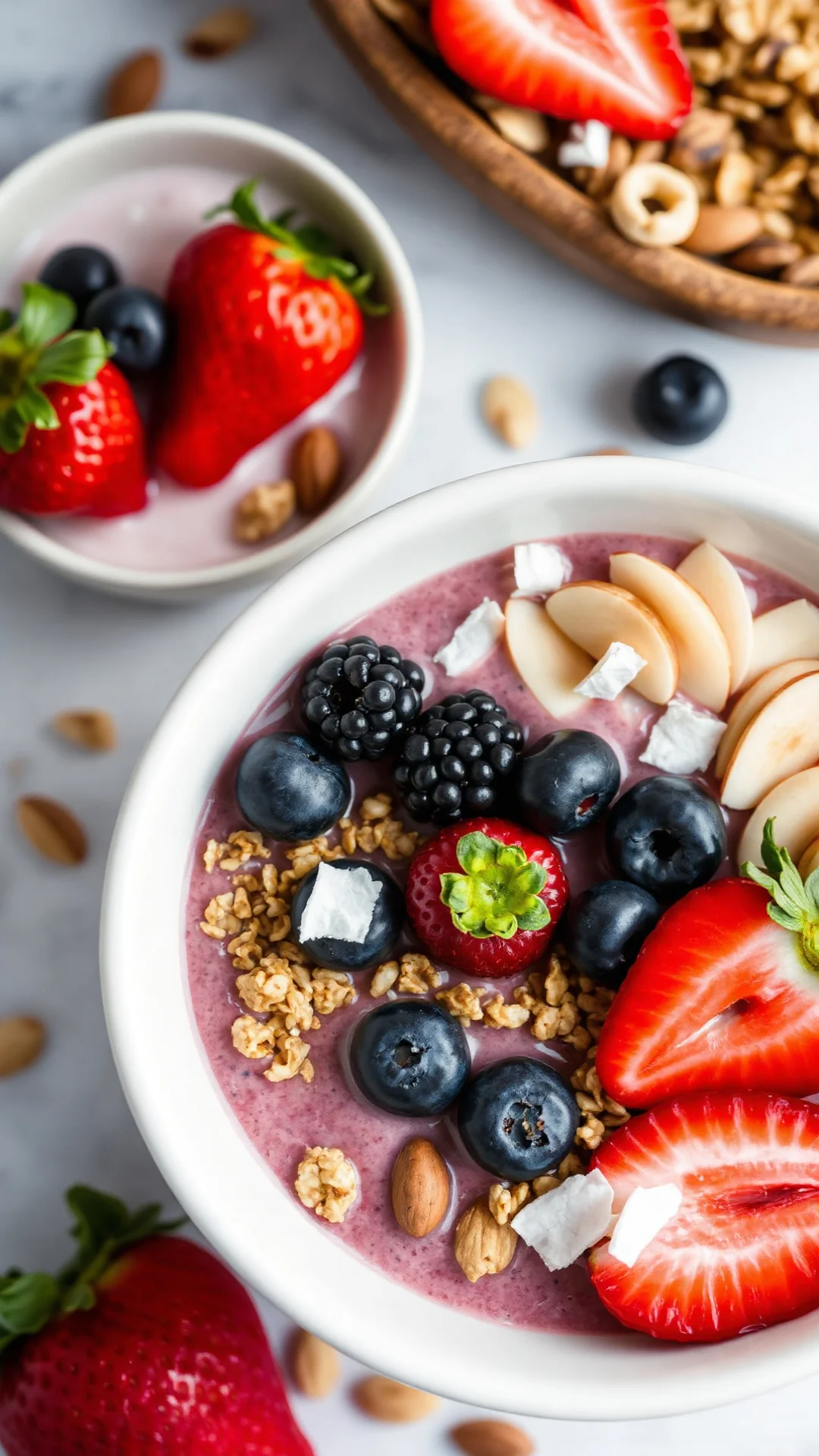 Vibrant strawberry smoothie bowl with granola, coconut flakes, fresh berries, almonds on top, overhead view, bright natural l