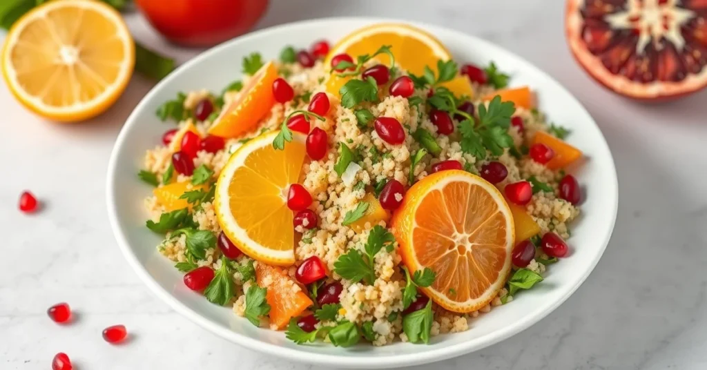 Vibrant tabbouleh with citrus fruits, fresh herbs, pomegranate seeds, lemon slices, and orange segments, bright Mediterranean