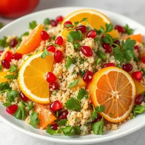 Vibrant tabbouleh with citrus fruits, fresh herbs, pomegranate seeds, lemon slices, and orange segments, bright Mediterranean