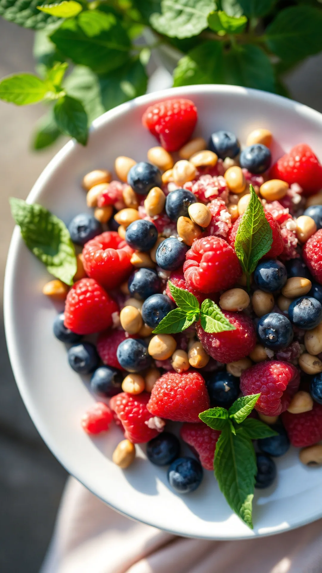 Vibrant tabbouleh with raspberries, blueberries, fresh mint, and hazelnuts on white plate, soft summer daylight photography