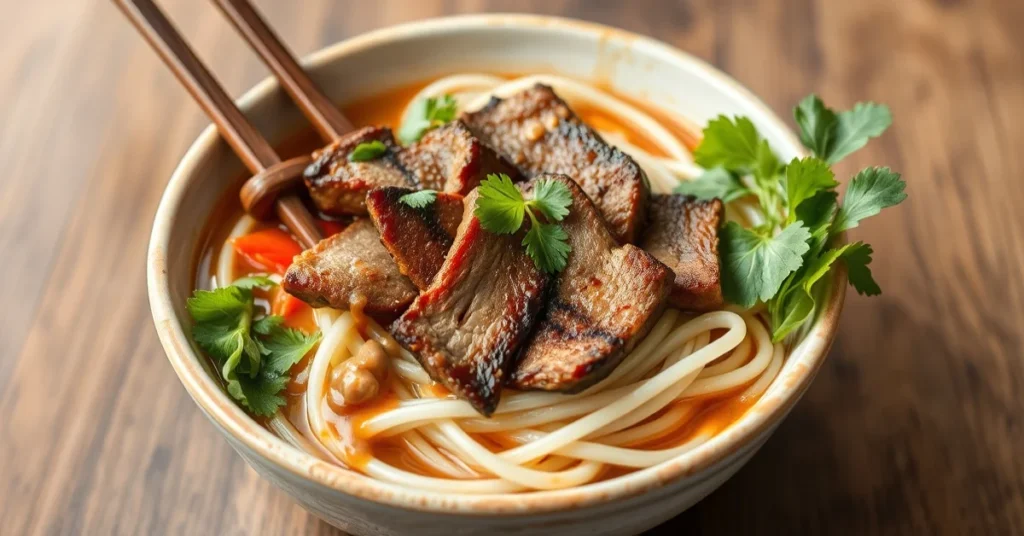 Vietnamese bo bun noodle bowl with grilled beef slices, fresh herbs, vegetables, peanut sauce, authentic traditional Asian cu