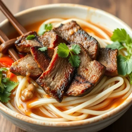 Vietnamese bo bun noodle bowl with grilled beef slices, fresh herbs, vegetables, peanut sauce, authentic traditional Asian cu